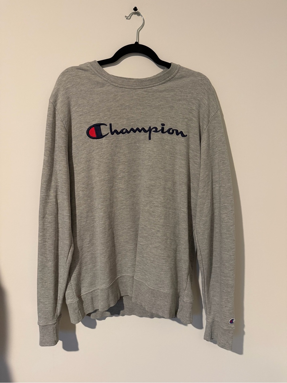 Champion Light Gray Crewneck Sweatshirt with Navy & Red Logo